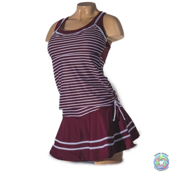 Miyang Maroon/White Striped Tankini Swimdress M ๐ - Picture 4 of 10